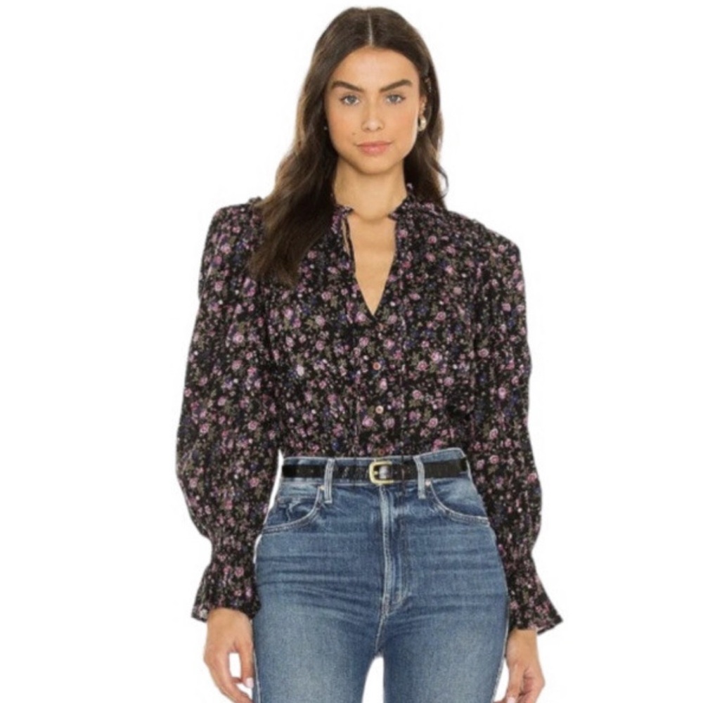 Free People Black Floral Long-Sleeve Blouse